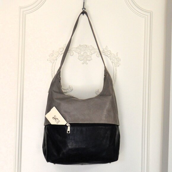 🖤 HOBO Joyce Style Shoulder Bag Two-Tone Leather Stone/Gray & Black - Picture 4 of 14